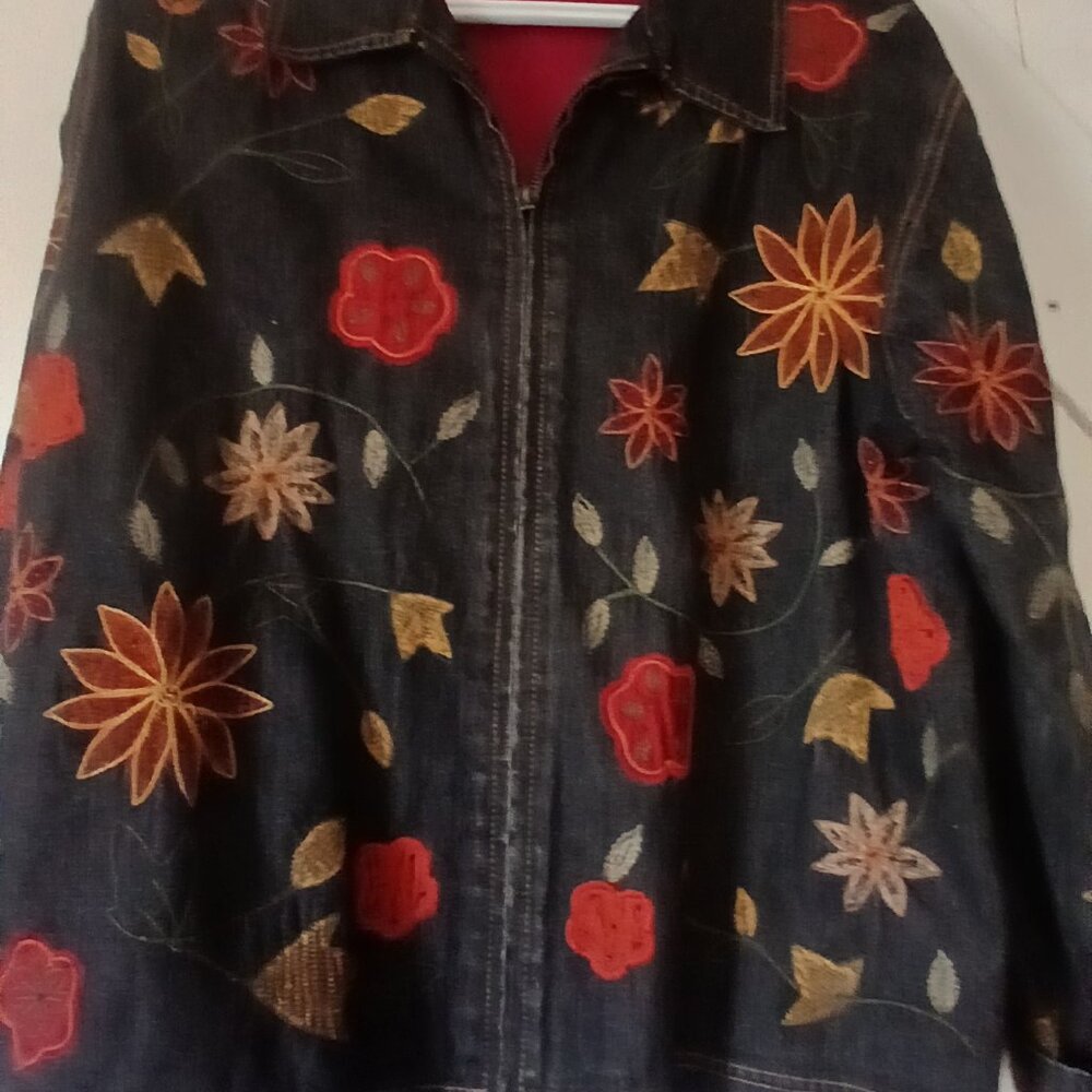 Chico's Design Floral Denim Jacket Size 2